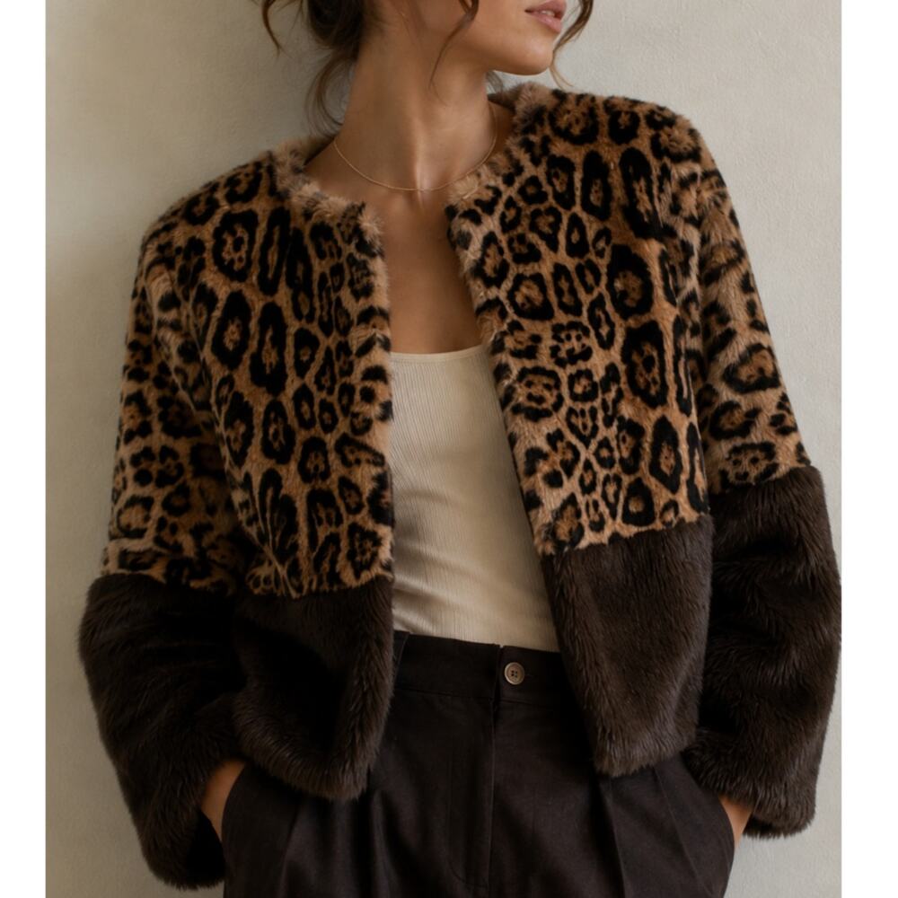 Anthropologie Current Air Faux Fur Leopard Colorblock Jacket Size Small